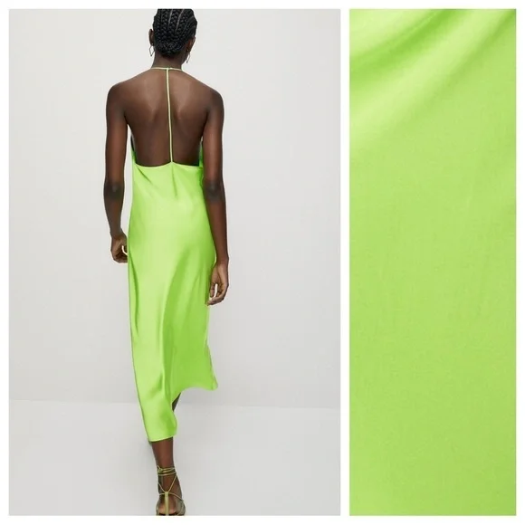 Massimo Dutti Green Satin Effect Halter Midi Dress. Size M. - Picture 3 of 8